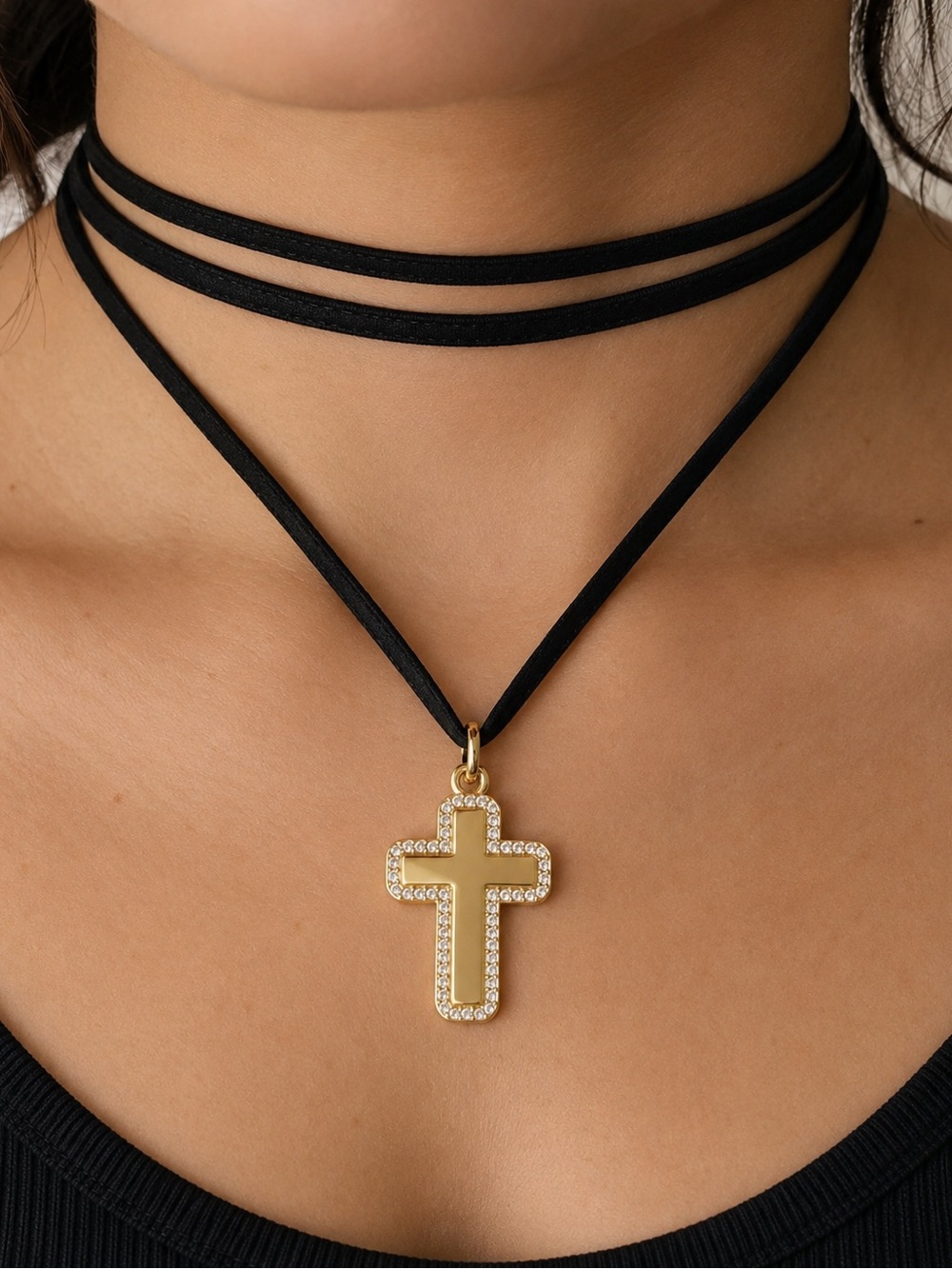 Gold Cross Pendant Choker Necklace with Black Cord 18K Real Gold Plated